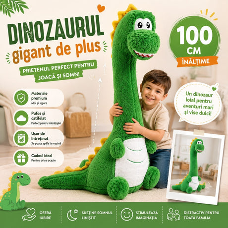 Jucărie de Plus Dinozaur Gigant 100 cm, Moale și Catifelată, Pernă de Îmbrățișat, Cadou pentru Copii