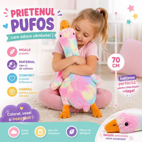 Jucărie de Plus Gâscă Multicoloră pentru Copii 70cm , Moale și Catifelată, Jucarie de Pluș