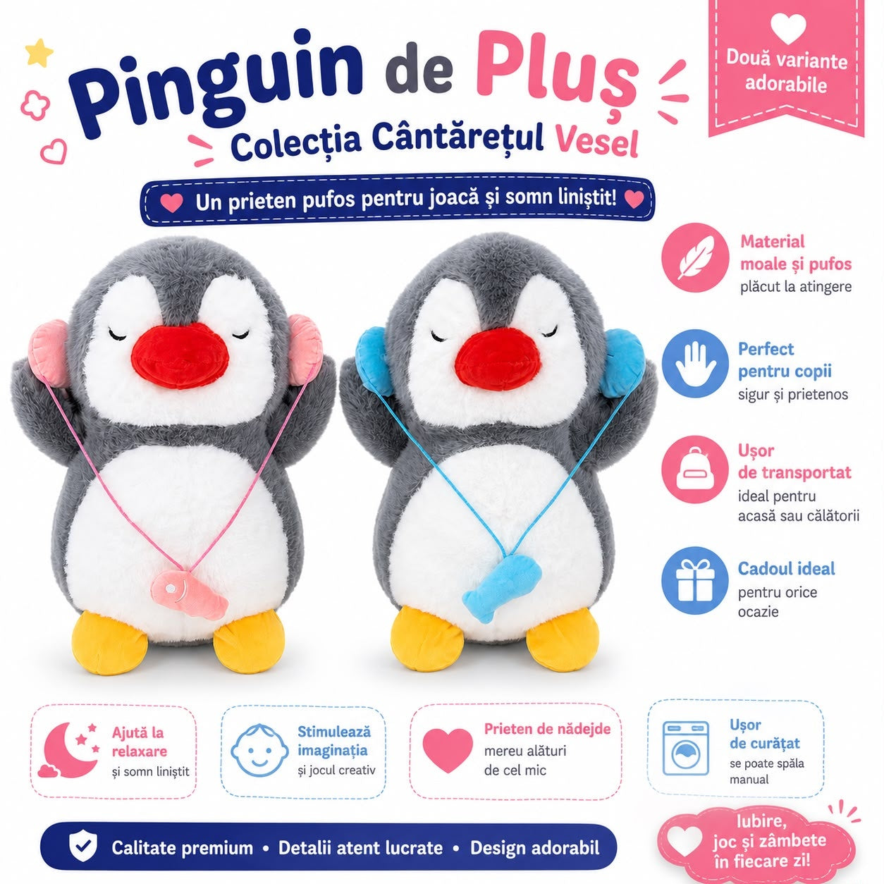 Jucărie de Plus Pinguin 50cm pentru Copii – Pluș Moale și Pufos, Culoare Aleatorie