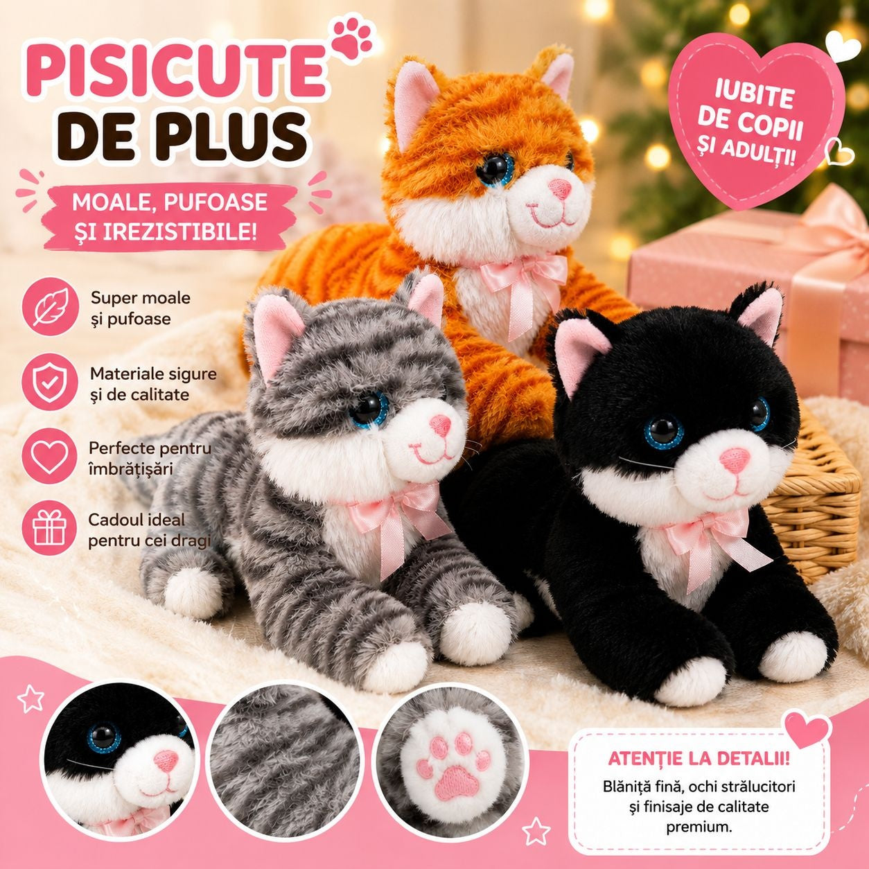 Jucărie de Plus Pisică Moale și Pufoasă, 20cm, cu sunet de mieunat, Model Aleatoriu pentru Copii