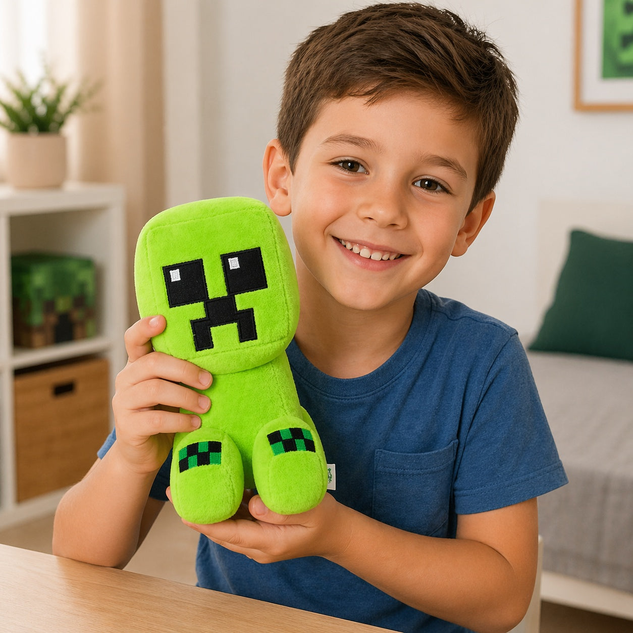 Jucărie de pluș pixelată verde 22 cm – personaj cubic stil joc video, moale și simpatic