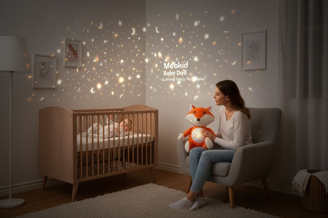 Jucarie de Plus Vulpe cu Proiectie Luminoasa si Sunete Linistitoare pentru Bebelusi, 26x20x14cm