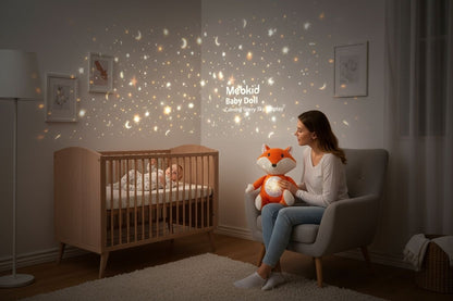Jucarie de Plus Vulpe cu Proiectie Luminoasa si Sunete Linistitoare pentru Bebelusi, 26x20x14cm