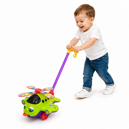 Jucarie impins elicopter copii cu maner, elice rotativa si design colorat verde