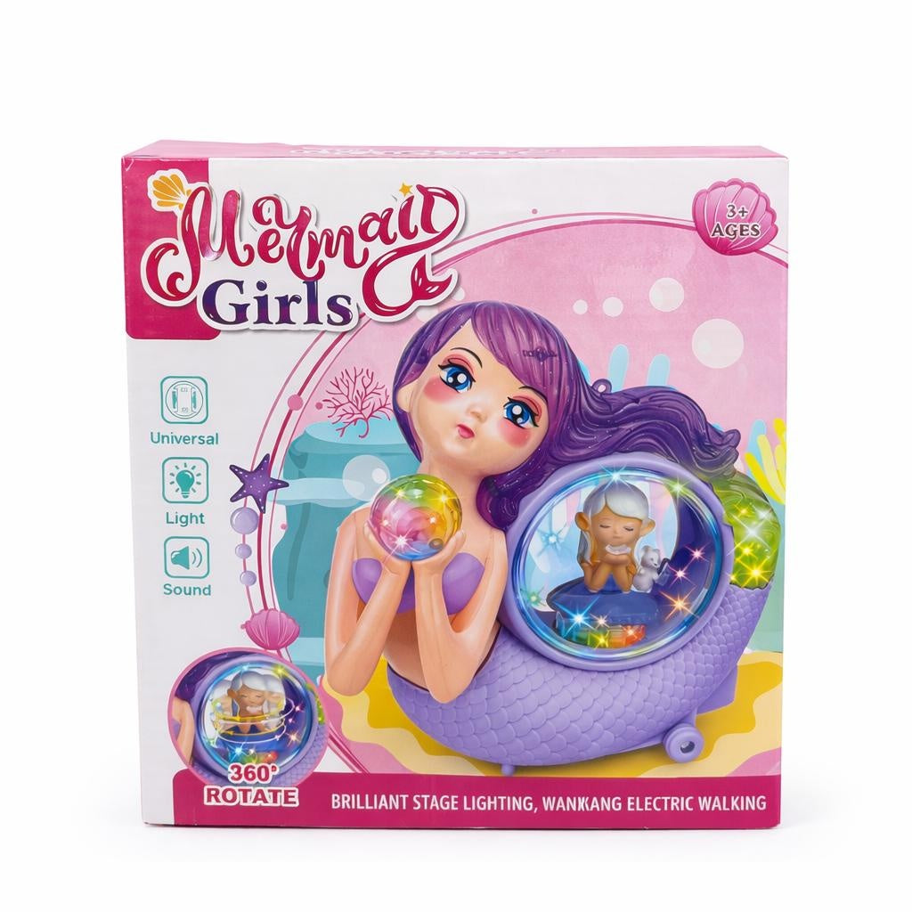 Jucarie interactiva sirena roz cu lumini si sunete, minge cristal rotativa 360°, 20 cm