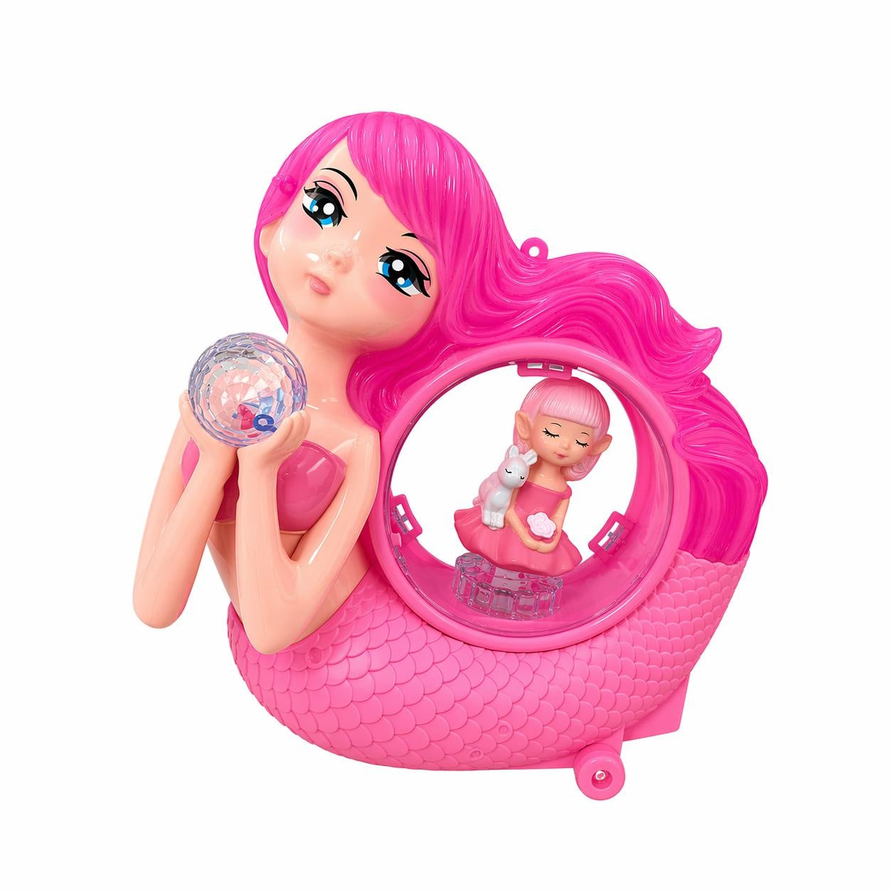 Jucarie interactiva sirena roz cu lumini si sunete, minge cristal rotativa 360°, 20 cm