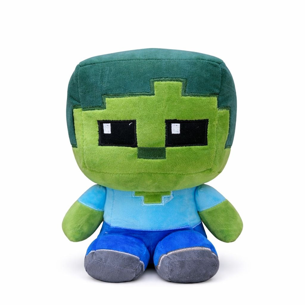 Jucarie plus personaj pixelat verde cu albastru 20 cm, plus moale cu design inspirat din jocuri