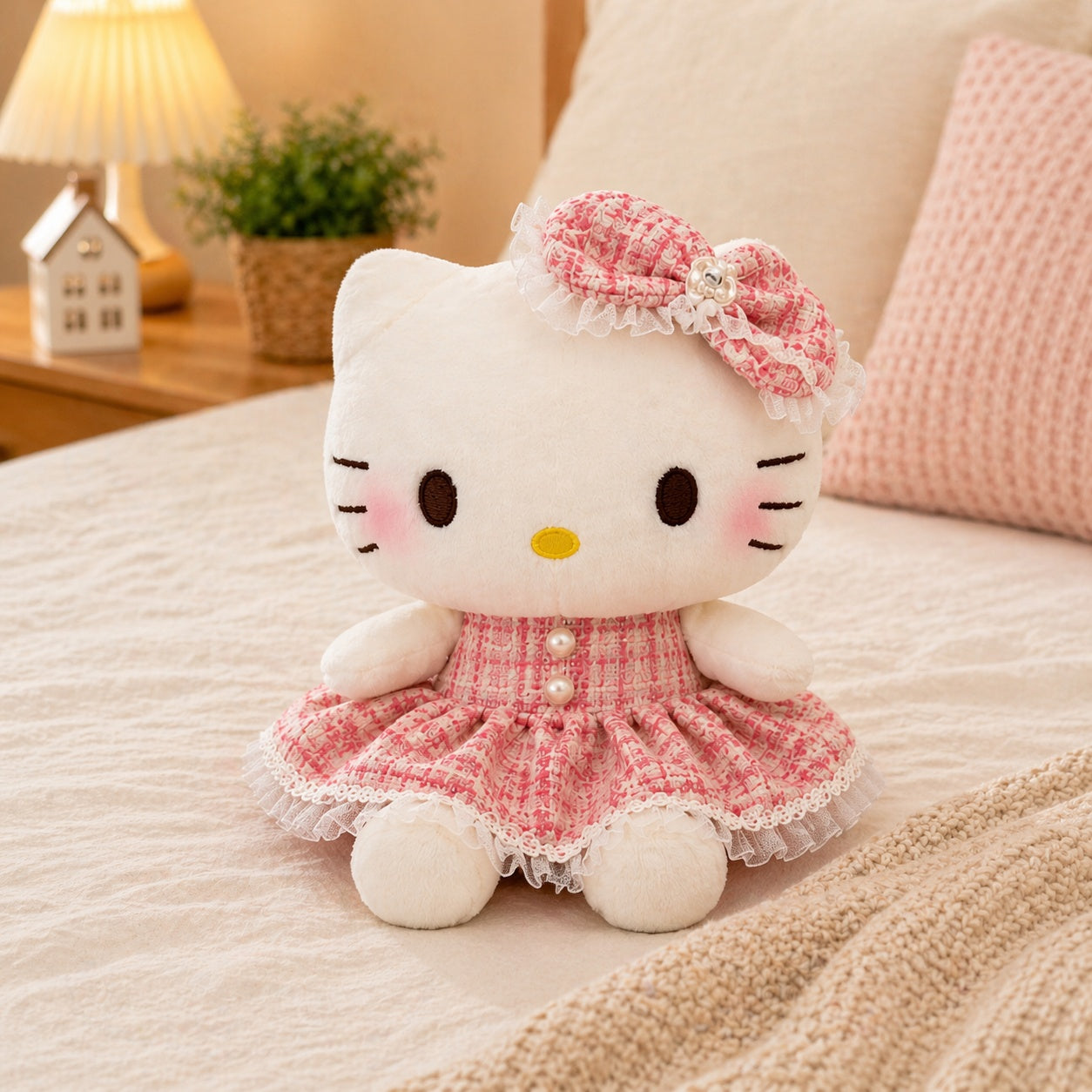 Jucărie pluș pisicuță roz cu rochiță, 50 cm, moale, cadou fete, decor kawaii