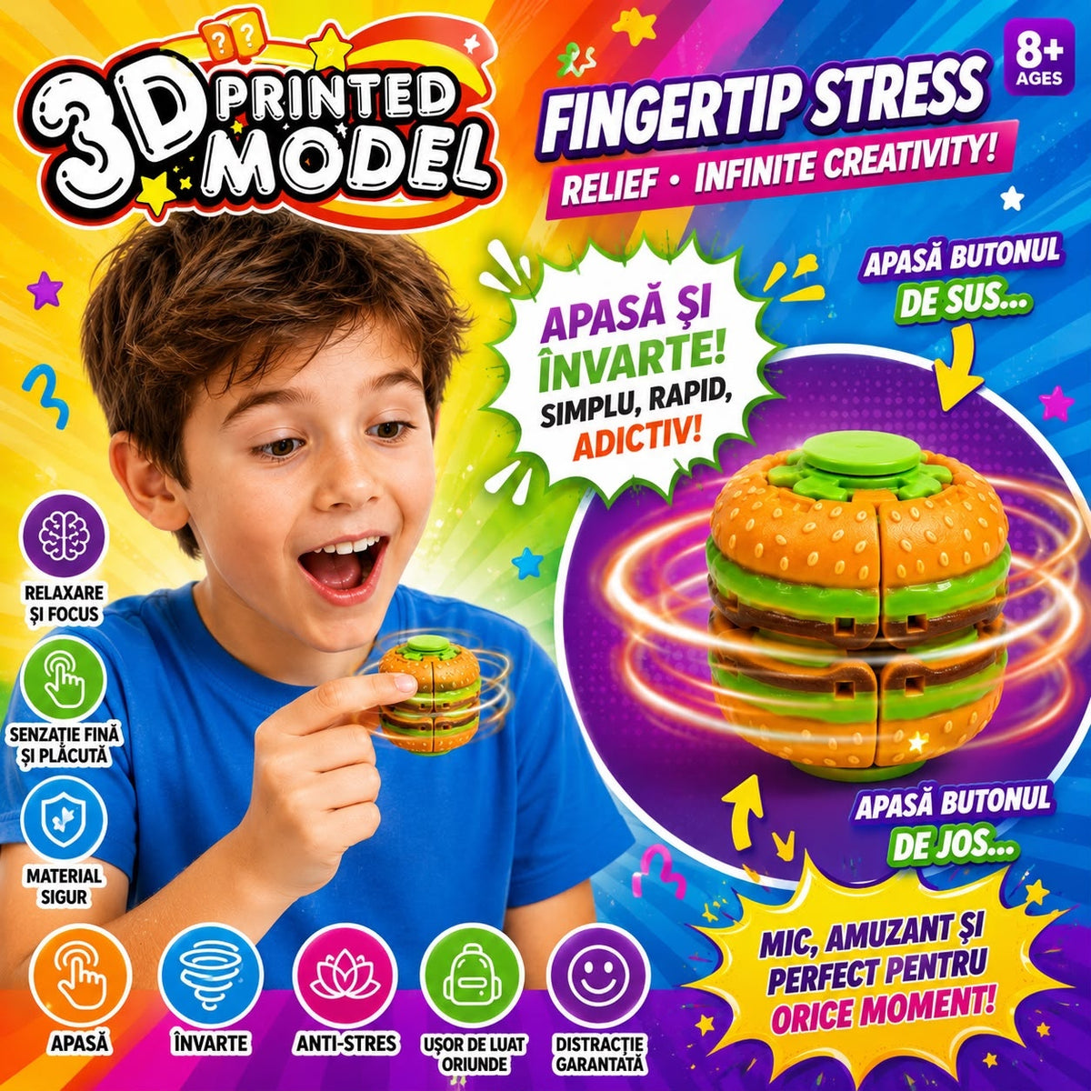 Jucărie Spinner Antistres Hamburger 3D, Fingertip Stress, Fidget Toy Rotativ cu Buton, pentru Copii și Adulți