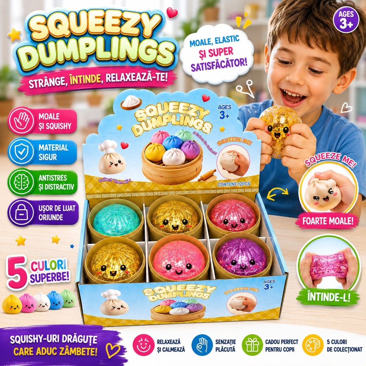 Jucărie Squishy Antistres Dumpling 8.5 cm cu Apă și Sclipici, Model Aleatoriu, Moale și Elastică