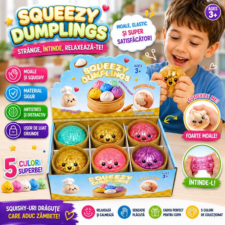 Jucărie Squishy Antistres Dumpling 8.5 cm cu Apă și Sclipici, Model Aleatoriu, Moale și Elastică