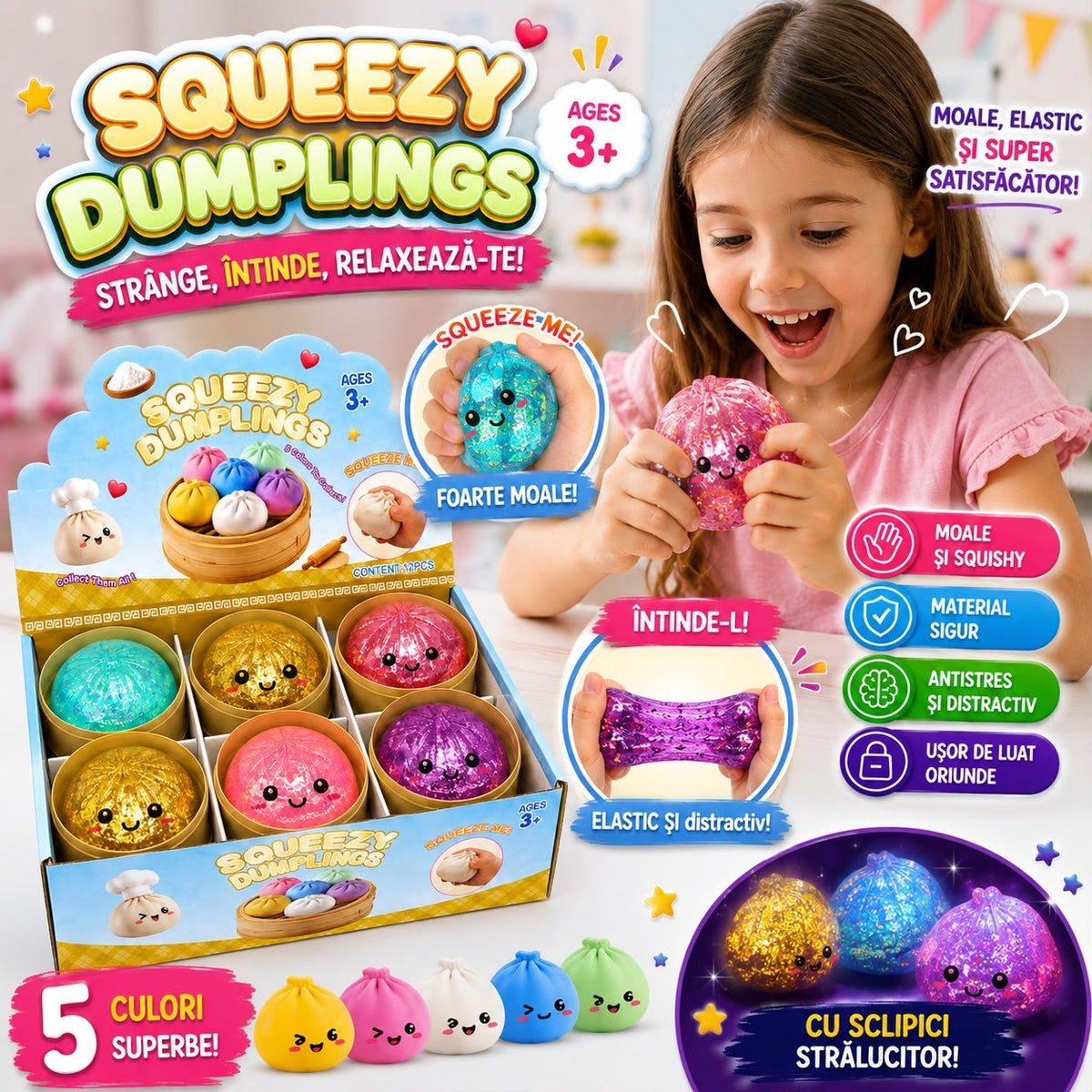 Jucărie Squishy Antistres Dumpling 8.5 cm cu Apă și Sclipici, Model Aleatoriu, Moale și Elastică