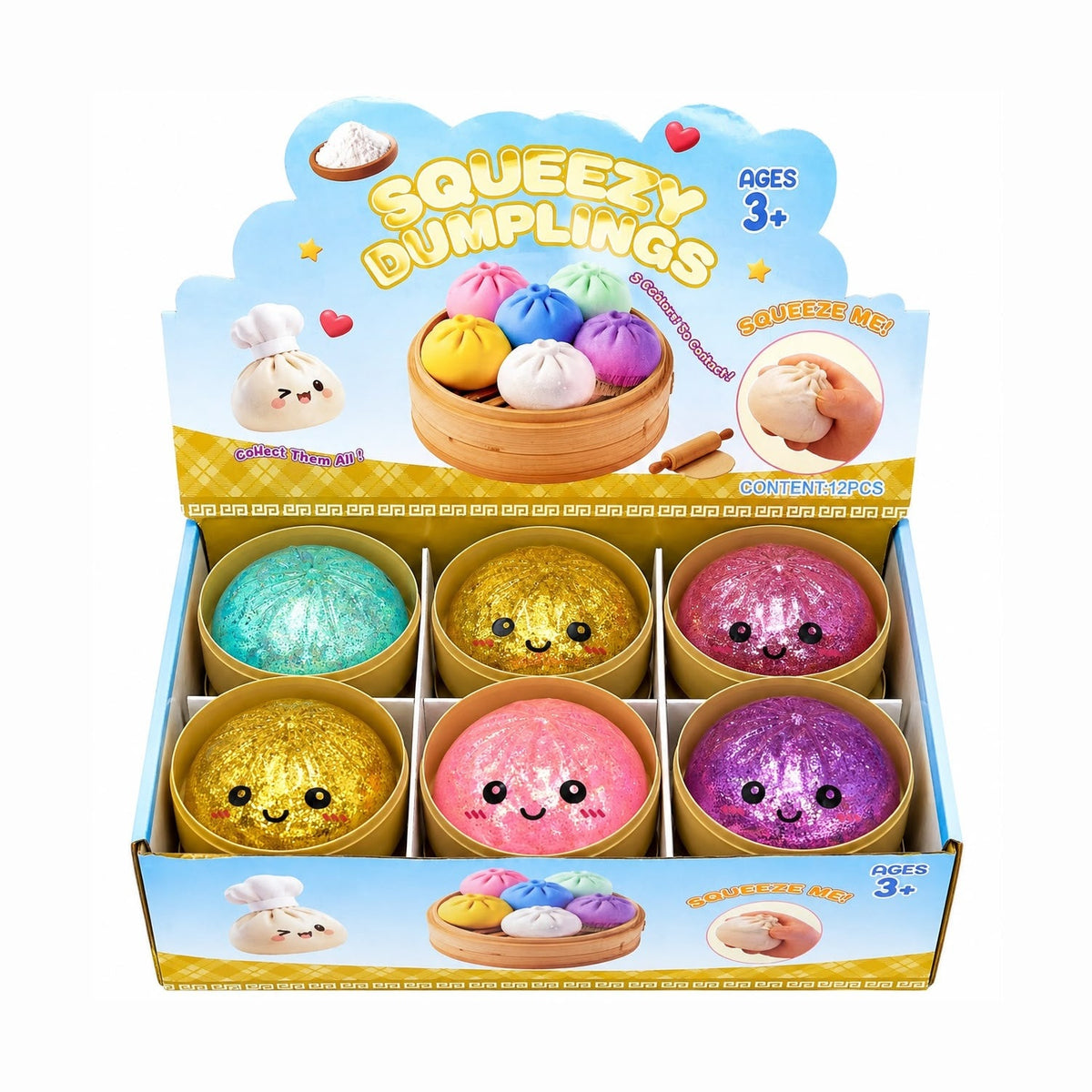 Jucărie Squishy Antistres Dumpling 8.5 cm cu Apă și Sclipici, Model Aleatoriu, Moale și Elastică