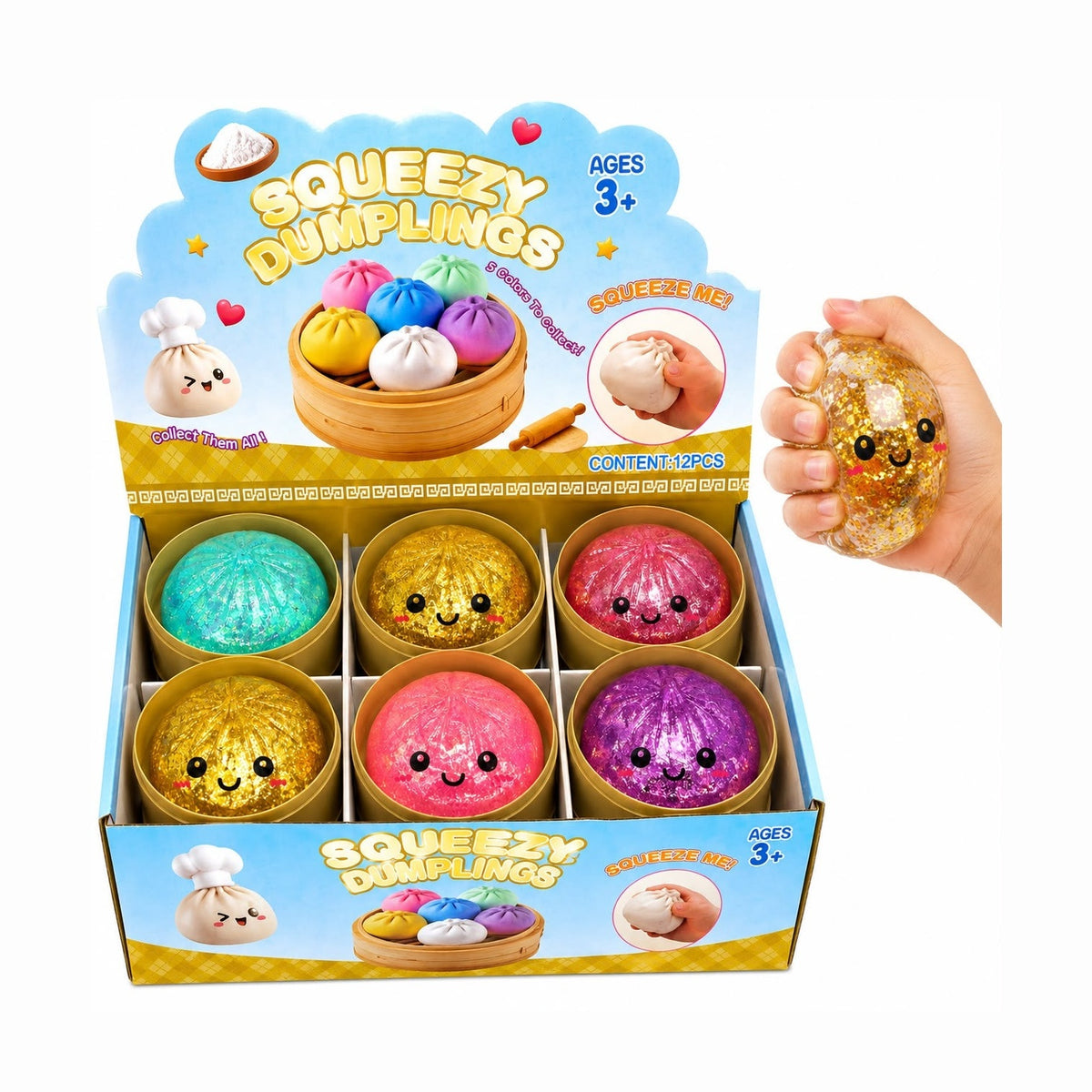 Jucărie Squishy Antistres Dumpling 8.5 cm cu Apă și Sclipici, Model Aleatoriu, Moale și Elastică