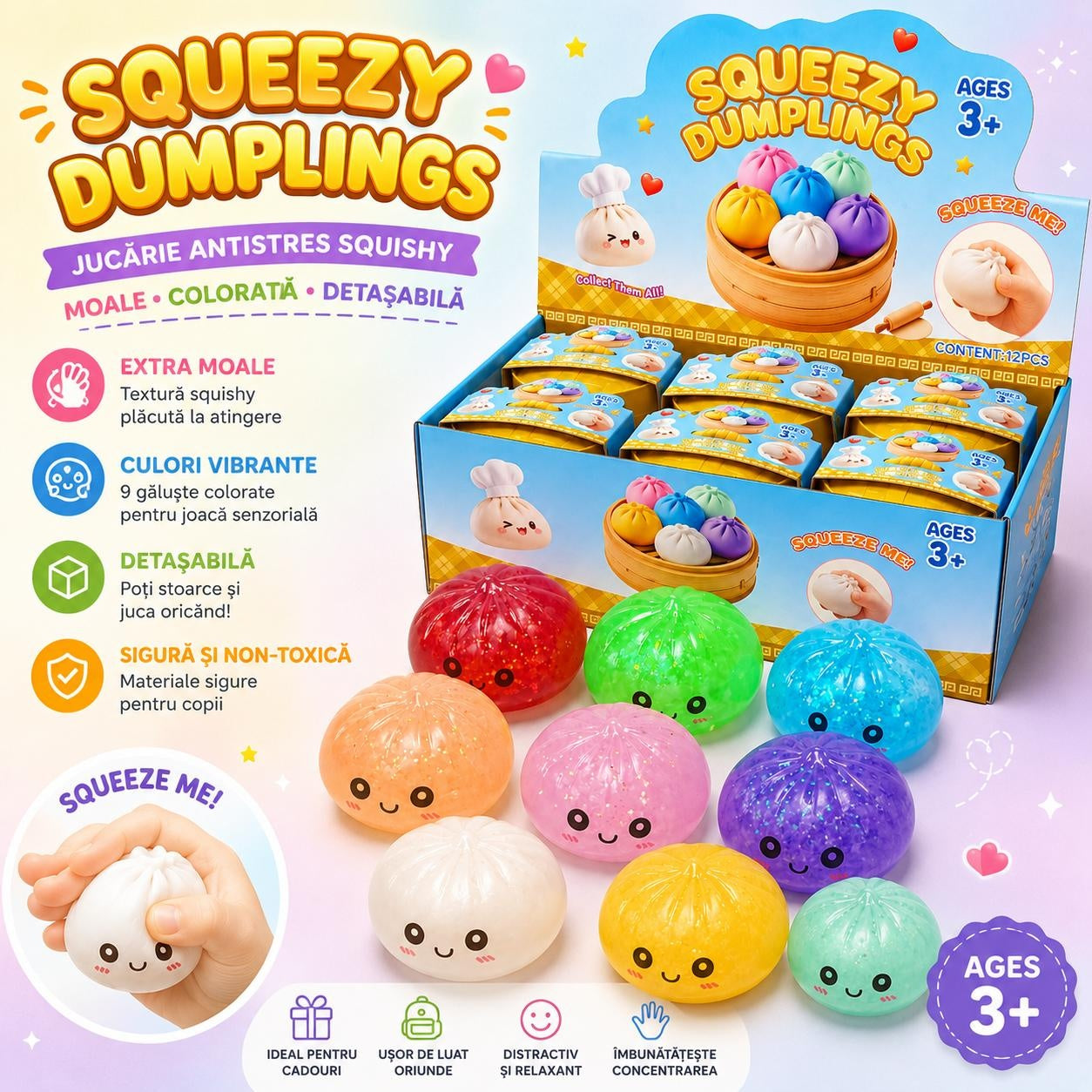 Jucarie Squishy Antistres Dumplings / Galusca, 8.5 cm, Extra Moale, Cu Sclipici, Copii 3+