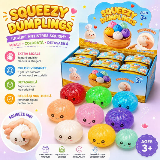 Jucarie Squishy Antistres Dumplings / Galusca, 8.5 cm, Extra Moale, Cu Sclipici, Copii 3+