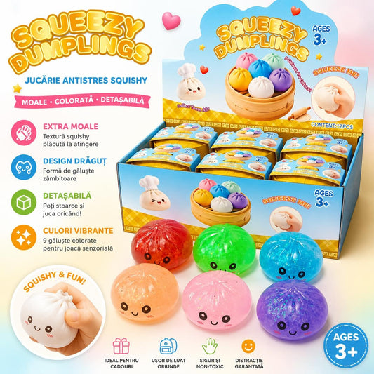 Jucarie Squishy Antistres Dumplings / Galusca, 8.5 cm, Extra Moale, Cu Sclipici, Copii 3+