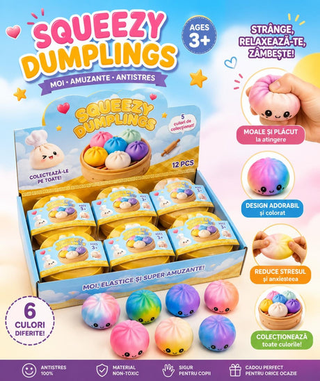 Jucarie Squishy Antistres Dumplings / Galusca, 8.5 cm, Moale si Elastica, Copii 3+, Multicolor