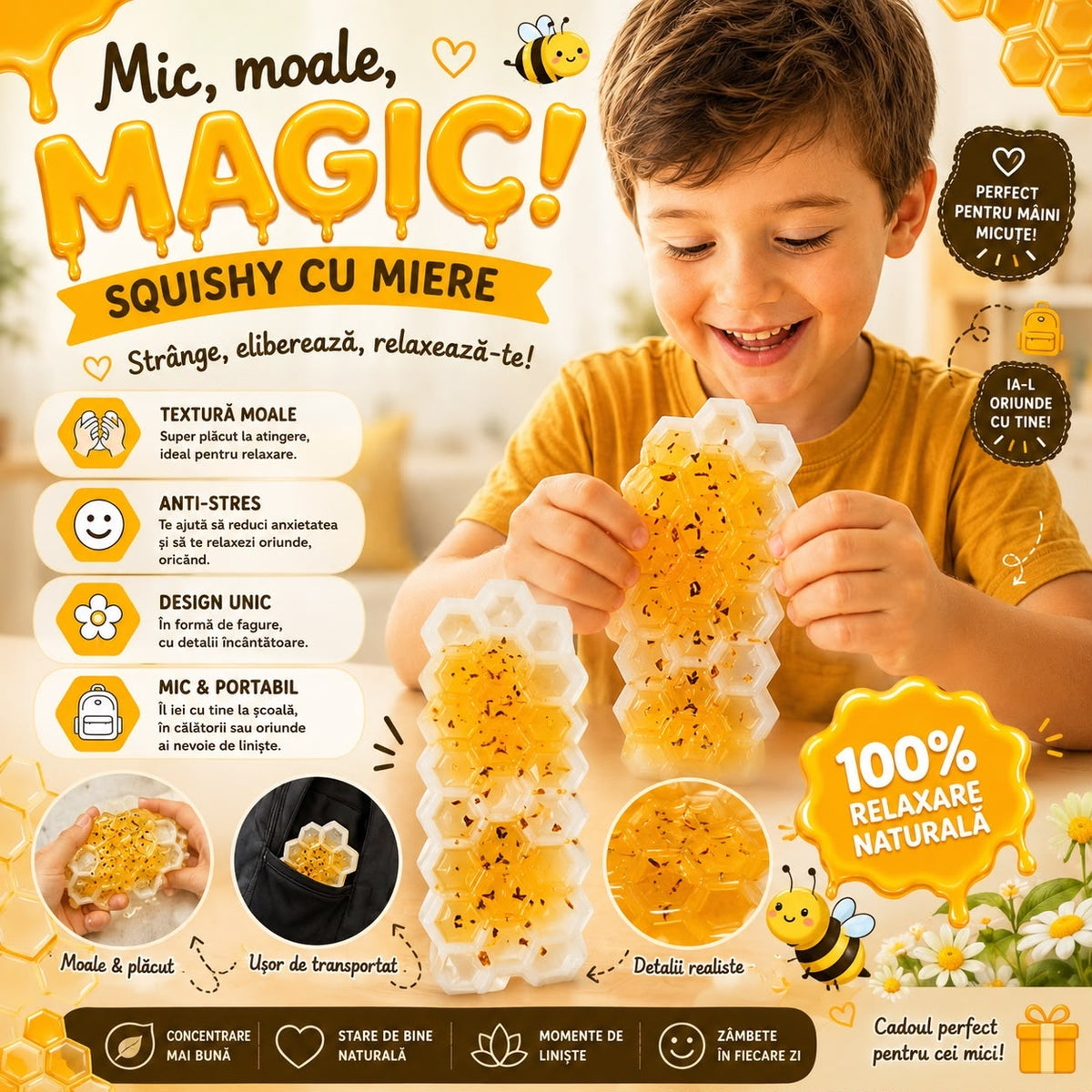 Jucărie Squishy Antistres Fagure cu Miere – Jucărie Senzorială Elastică pentru Copii și Adulți