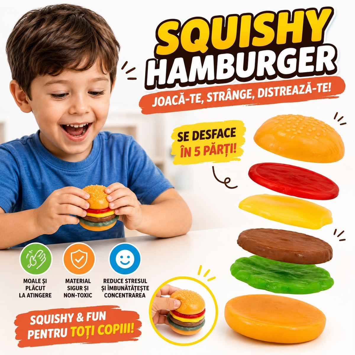 Jucărie Squishy Antistres Hamburger, Moale și Elastică, Reutilizabilă, Reduce Stresul, Pentru Copii 3+