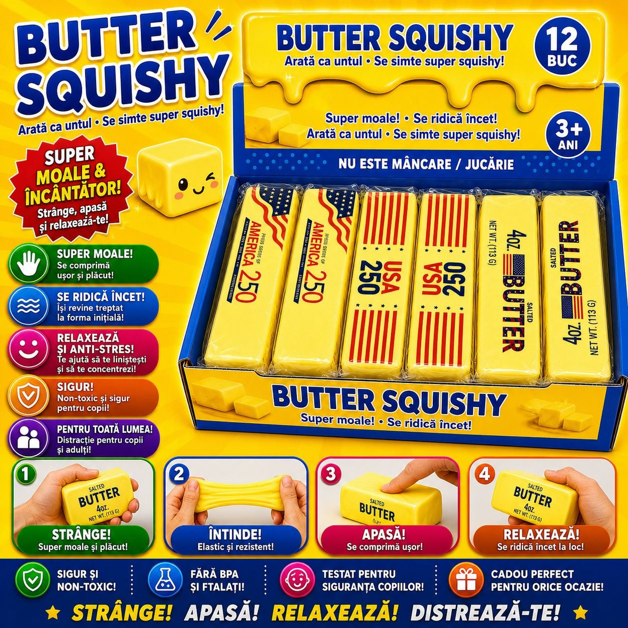 Jucărie Squishy Butter 13 cm – Anti-Stres, Slow Rising, Super Moale, Model Unt