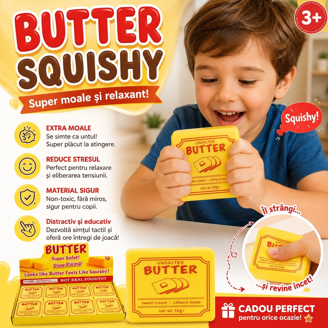 Jucărie Squishy Butter 7 x 9 x 4 cm – Antistres, Super Moale, Slow Rising pentru Copii