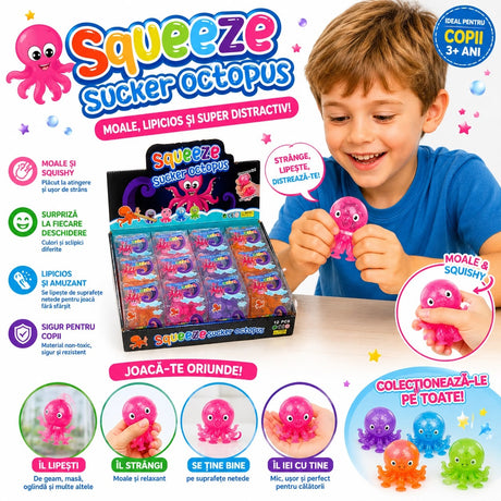 Jucărie Squishy Caracatiță cu Ventuze 7 cm – Antistres, Lipicioasă și Elastică, Culoare Aleatorie
