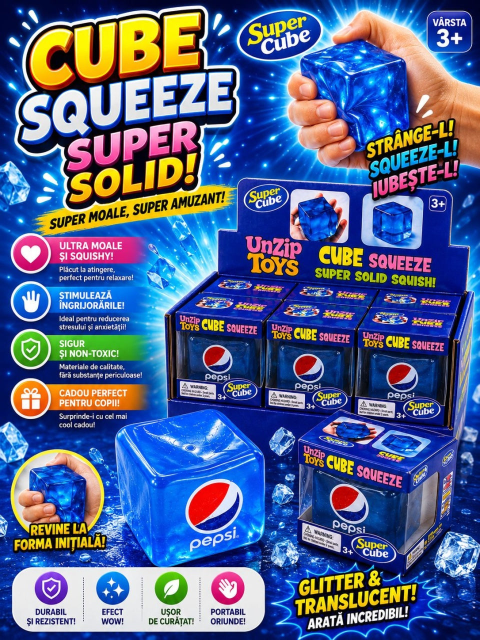 Jucărie Squishy Cub Albastru Anti-Stres – Cub Senzorial Moale și Elastic pentru Copii și Adulți
