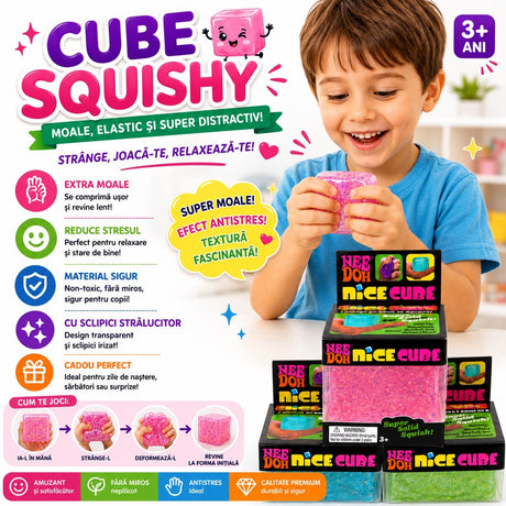 Jucărie Squishy Cub cu Sclipici în Cutie 6 cm – Antistres, Transparentă, Elastică, Culoare Aleatorie