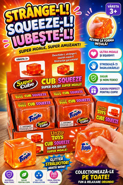 Jucărie Squishy Cub Portocaliu cu Sclipici – Cub Anti-Stres Moale și Elastic pentru Copii și Adulți