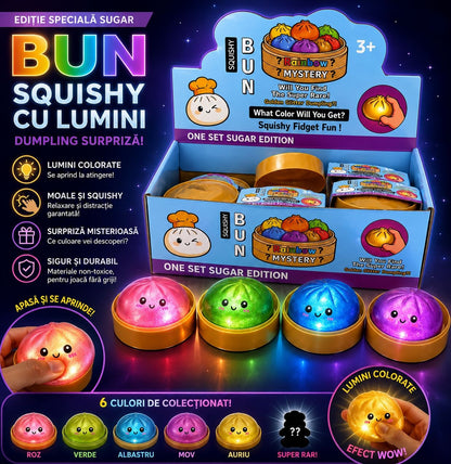 Jucărie Squishy Dumpling cu Lumini LED 8,5 cm – Antistres Moale, Slow Rising, Culoare Surpriză