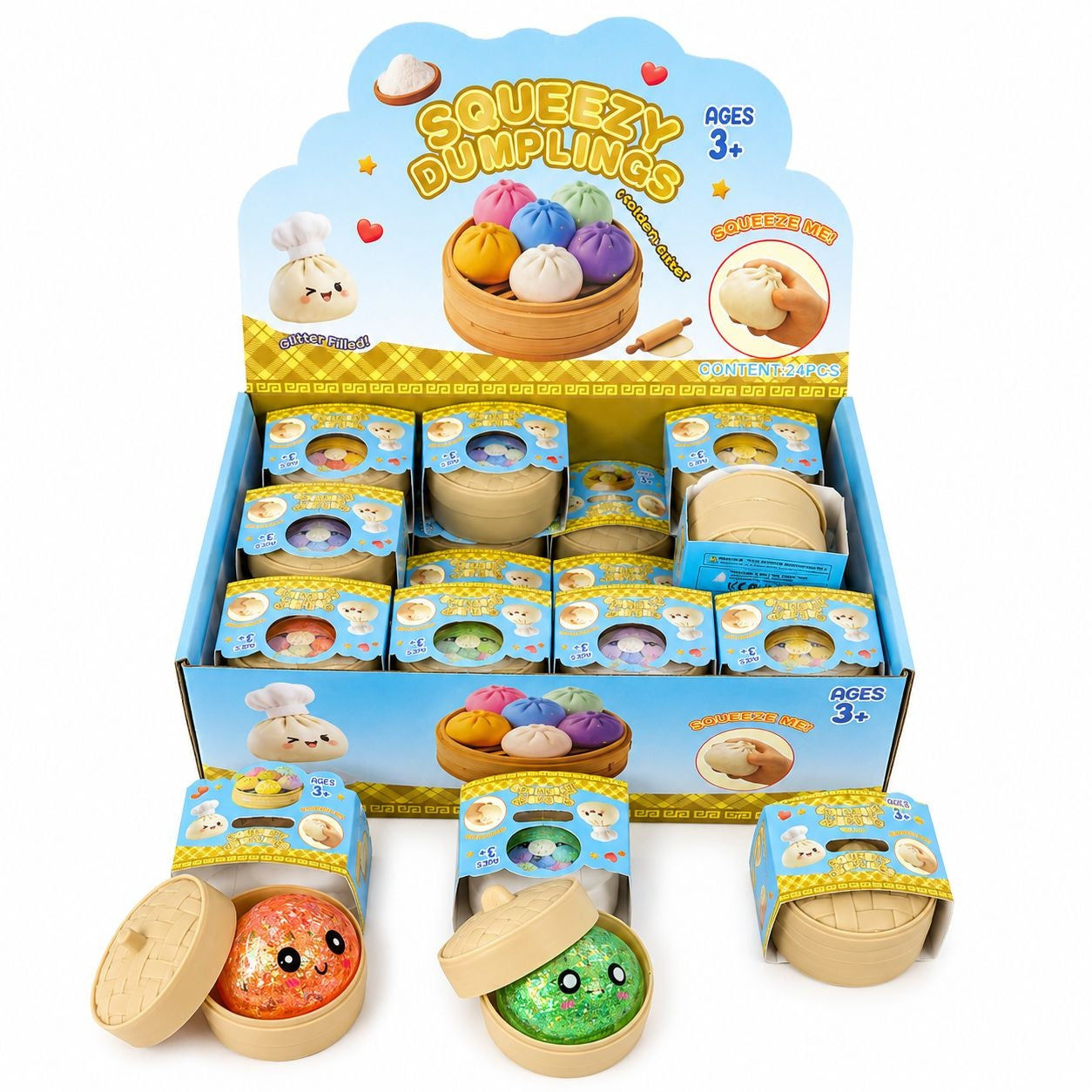 Jucărie Squishy Dumpling cu Sclipici 5,5 cm – Anti-Stres, Senzorială, Surprise Toy, Model Gălușcă