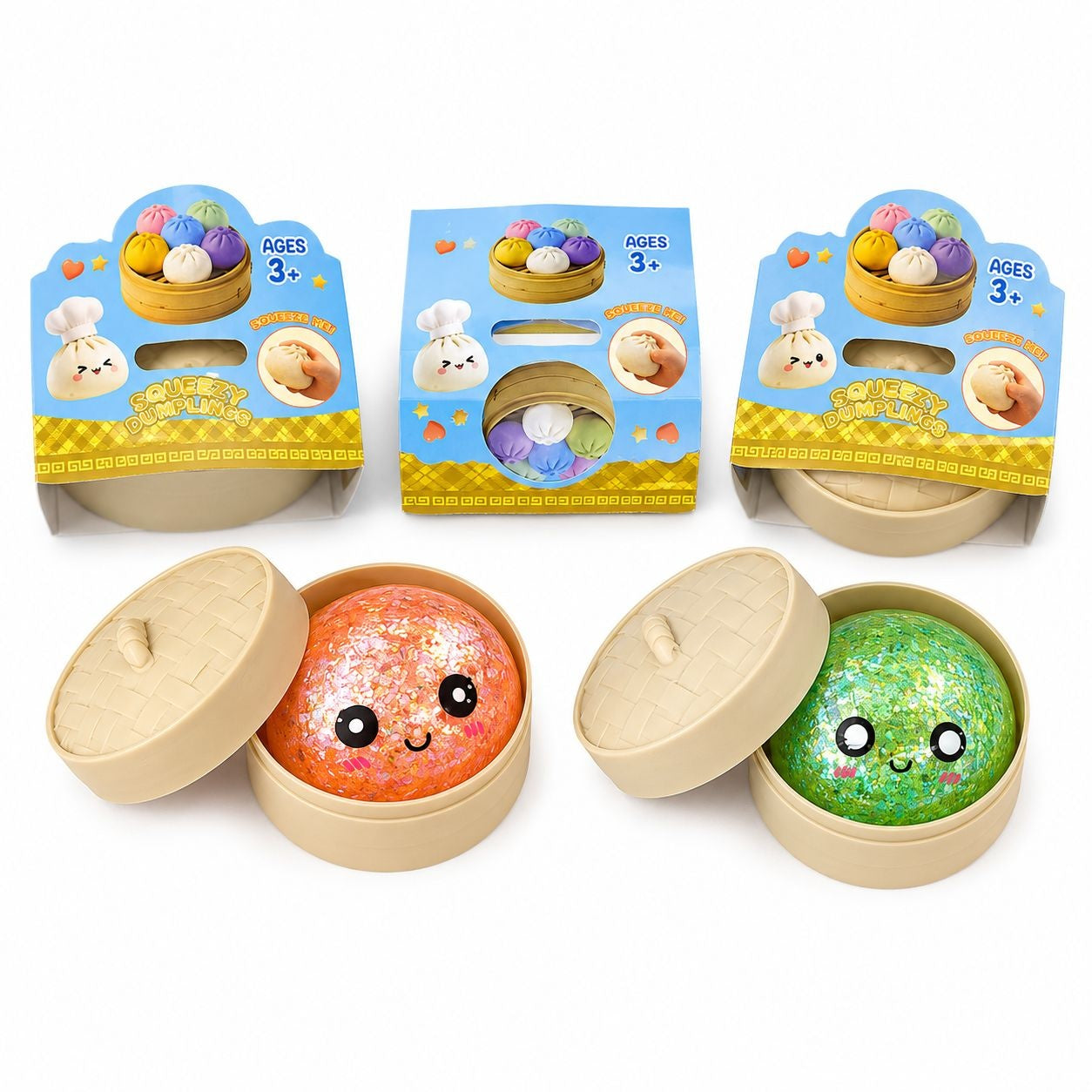 Jucărie Squishy Dumpling cu Sclipici 5,5 cm – Anti-Stres, Senzorială, Surprise Toy, Model Gălușcă