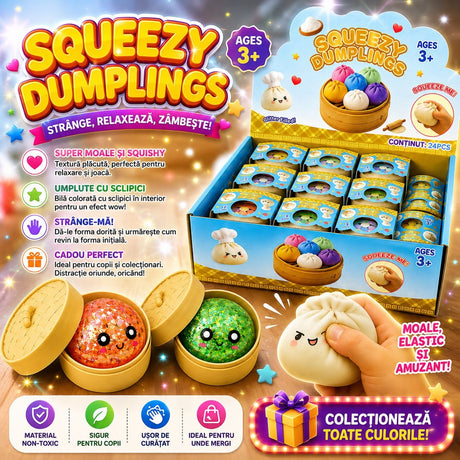 Jucărie Squishy Dumpling cu Sclipici 5,5 cm – Anti-Stres, Senzorială, Surprise Toy, Model Gălușcă