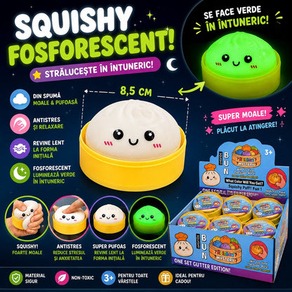 Jucărie Squishy Dumpling Fosforescentă 8,5 cm – Antistres, Glow in the Dark, Super Moale