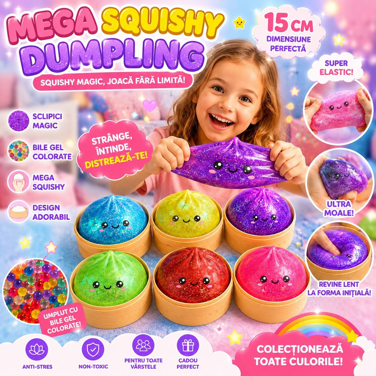 Jucărie Squishy Dumpling Gigant 15 cm cu Sclipici – Antistres Moale, Elastică și Relaxantă pentru Copii