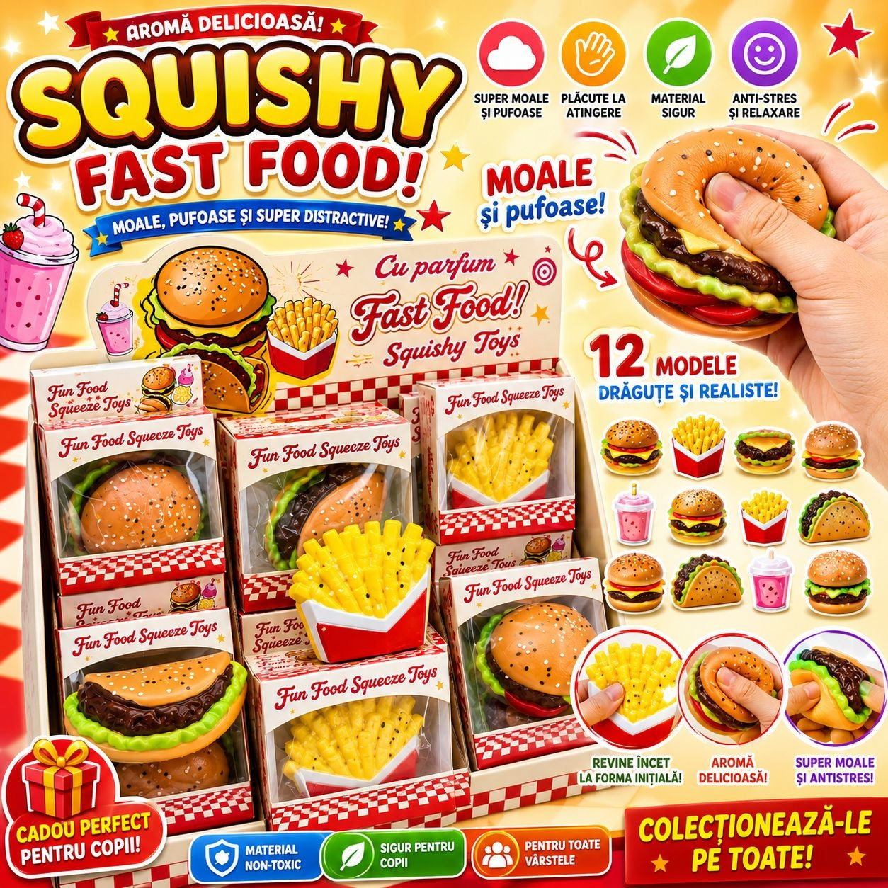 Jucărie Squishy Fast-Food – Model Aleatoriu, Antistres Moale și Distractivă