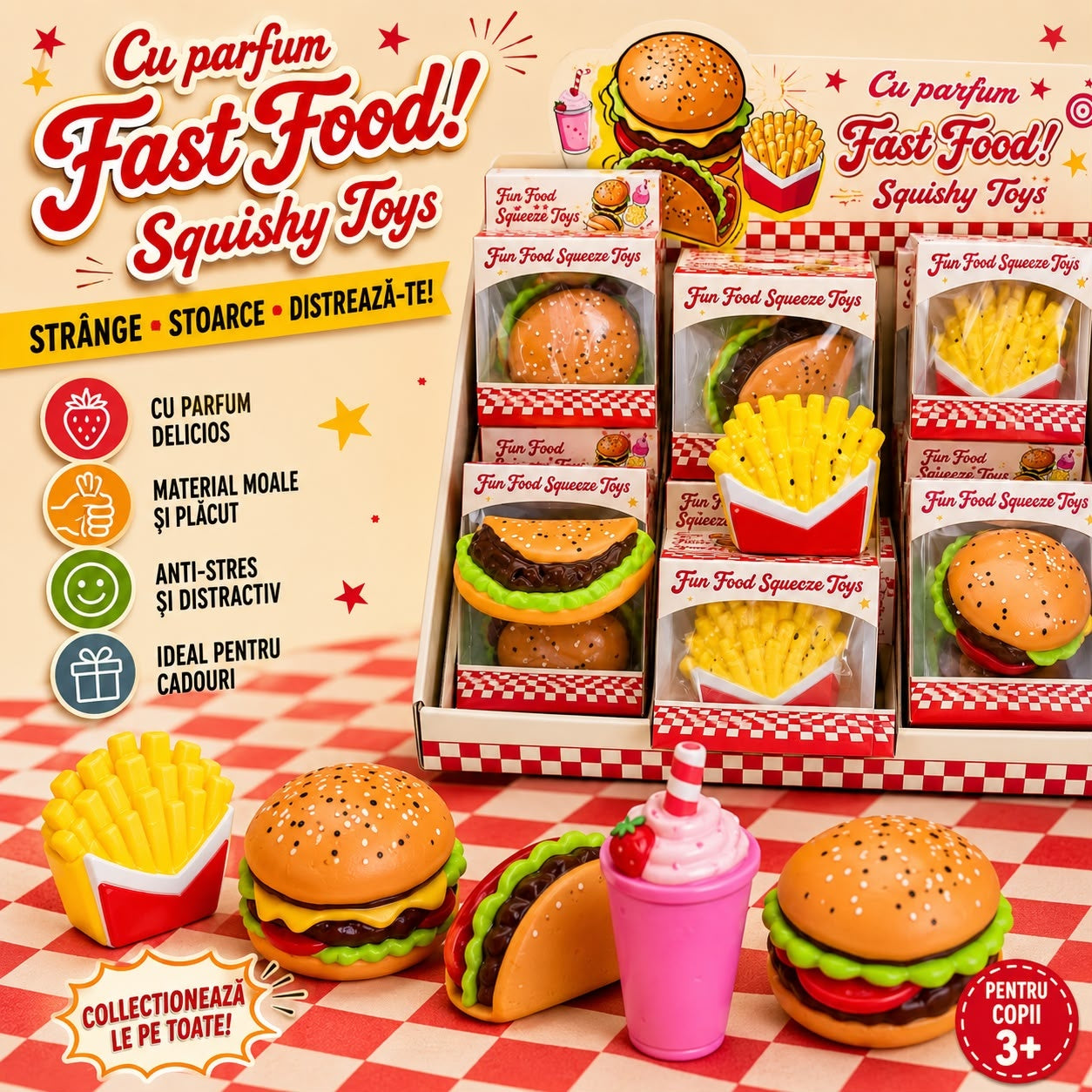 Jucărie Squishy Fast-Food – Model Aleatoriu, Antistres Moale și Distractivă