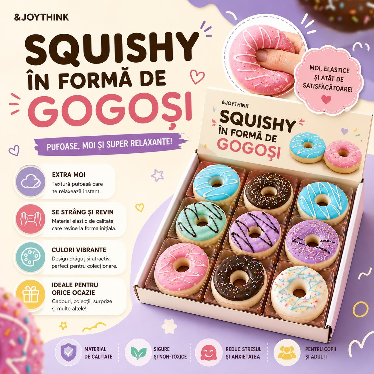 Jucărie Squishy Gogoașă cu Aromă de Caramel – Model Aleatoriu, Antistres Moale