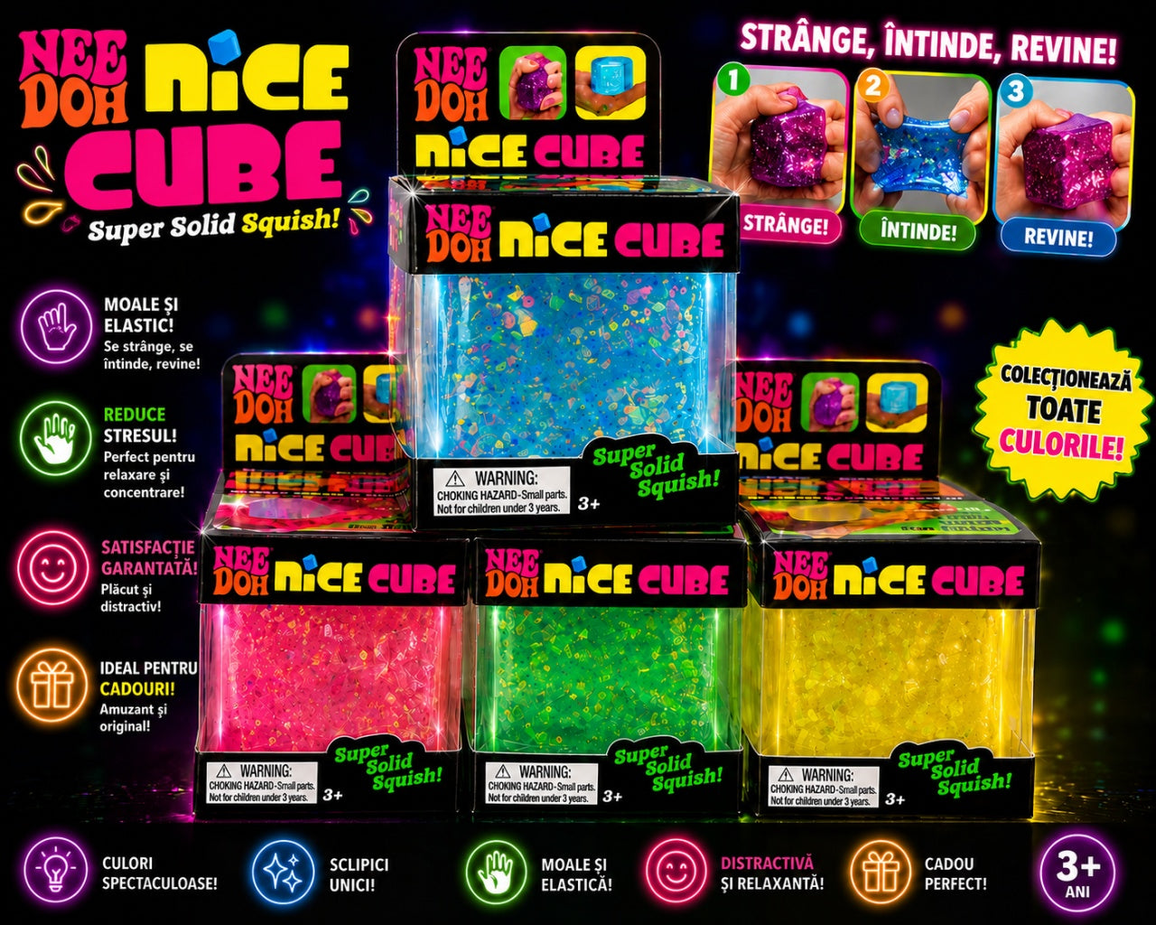 Jucărie Squishy Ice Cube cu Sclipici – Cub Antistres Elastic, Nice Cube , 3+ Ani