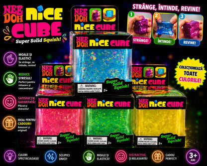 Jucărie Squishy Ice Cube cu Sclipici – Cub Antistres Elastic, Nice Cube , 3+ Ani
