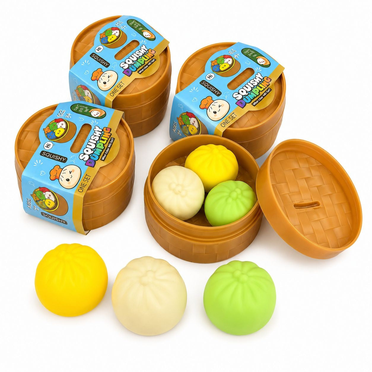 Jucărie Squishy Mini Dumpling în Cutie Bambus – Antistres Moale, Surpriză Colorată pentru Copii