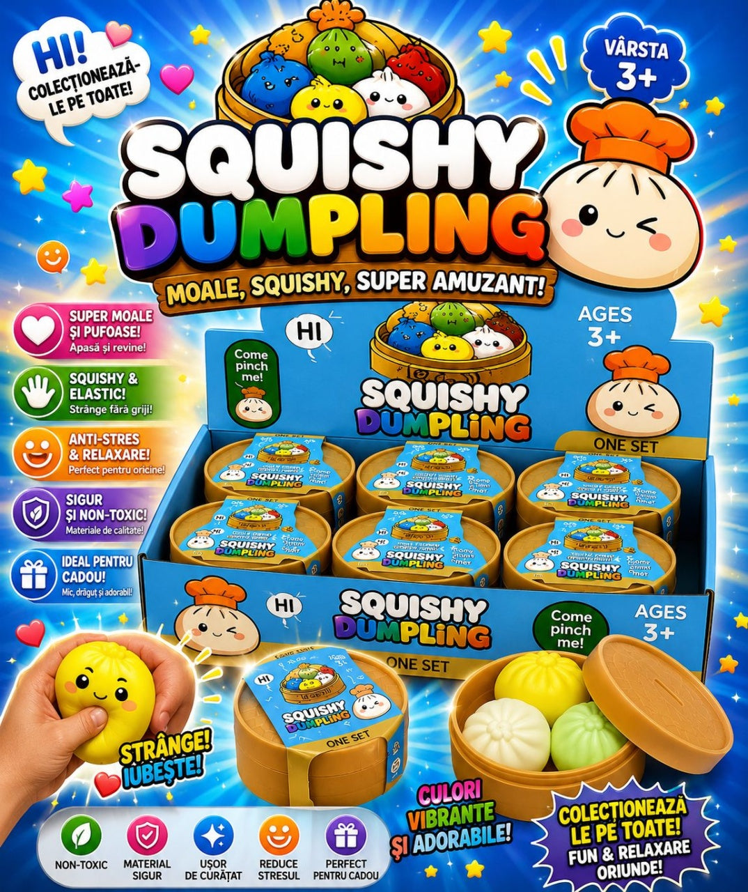 Jucărie Squishy Mini Dumpling în Cutie Bambus – Antistres Moale, Surpriză Colorată pentru Copii