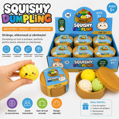 Jucărie Squishy Mini Dumpling în Cutie Bambus – Antistres Moale, Surpriză Colorată pentru Copii