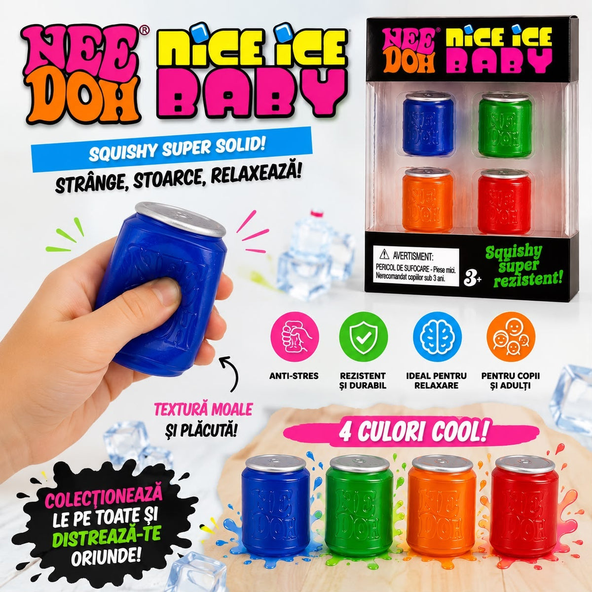 Jucărie Squishy Set 4 Doze Colorate, Antistres, Super Moale și Elastică, Nee Doh Nice Ice Baby