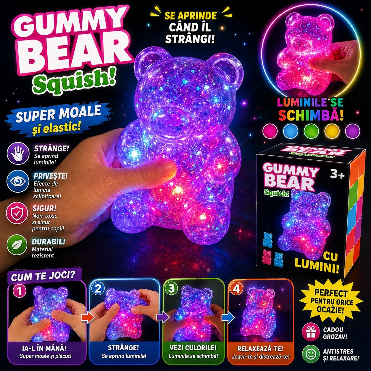 Jucărie Squishy Urs cu Lumini și Sclipici 8 cm – Anti-Stres, LED Multicolor, Super Moale