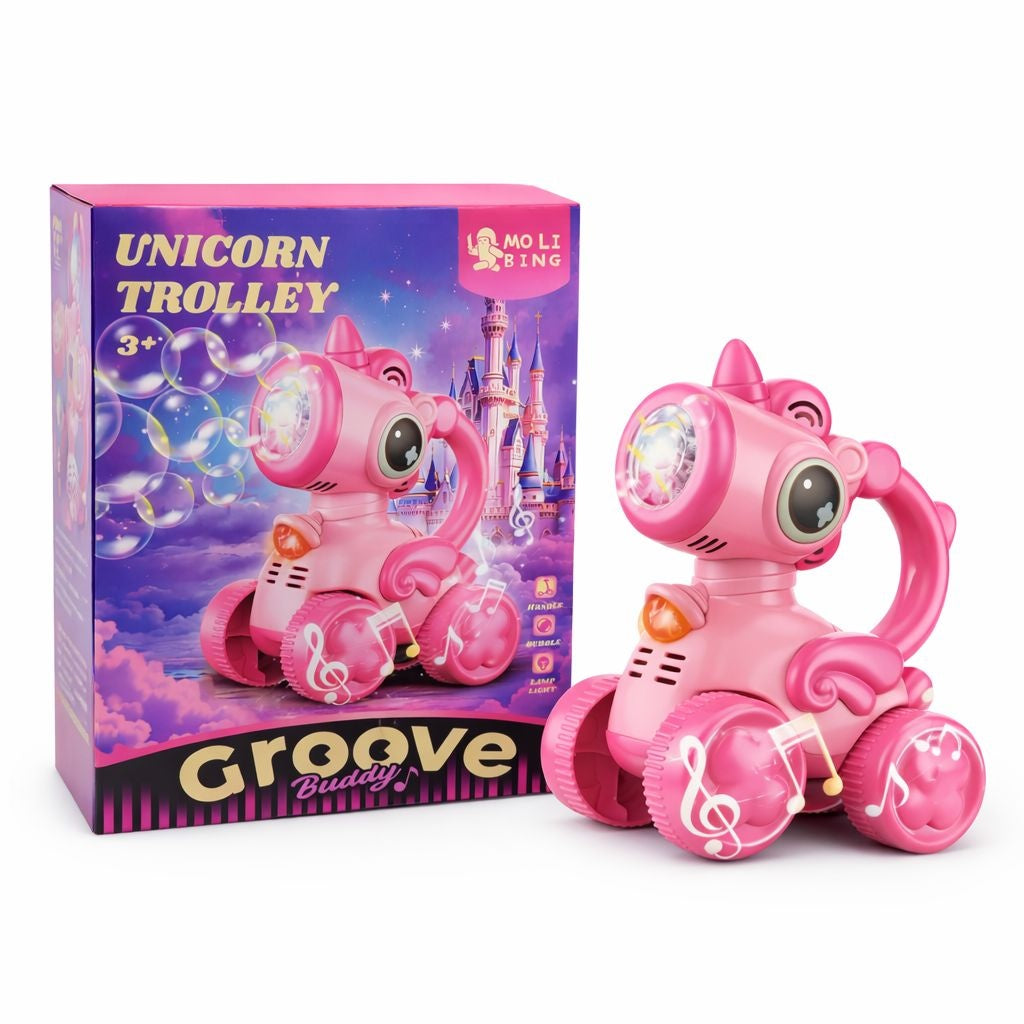 Jucarie unicorn cu roti, muzica, lumini si baloane de sapun, acumulator inclus, roz