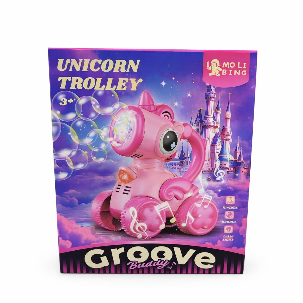 Jucarie unicorn cu roti, muzica, lumini si baloane de sapun, acumulator inclus, roz