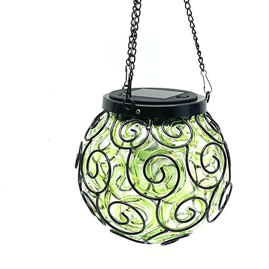 Lampă decorativă suspendată cu LED solar din sticlă și metal, verde/negru, pentru grădină