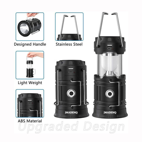 Lampă LED de camping JMADENQ, pliabilă, din oțel inoxidabil și plastic ABS, culoare neagră
